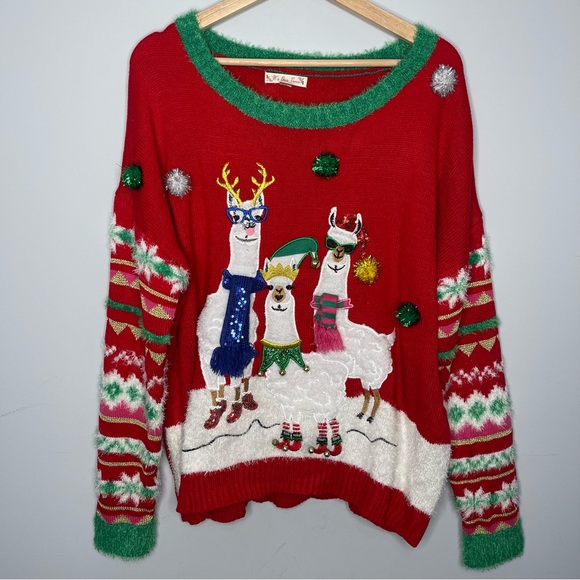 It's Our Time Tops - It’s Our Time Red Llama Ugly Christmas Sweater (2X-Large)